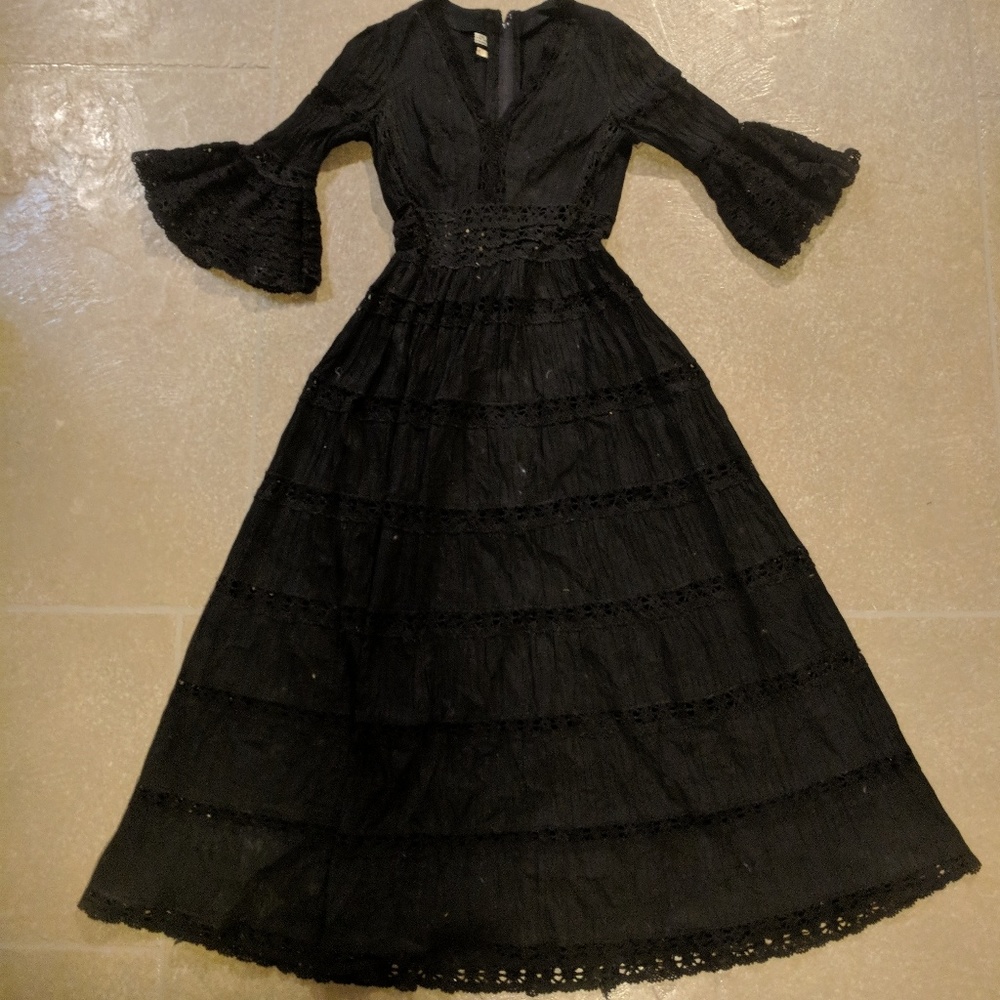 Vintage Mexican Black Lace and Cotton Dress